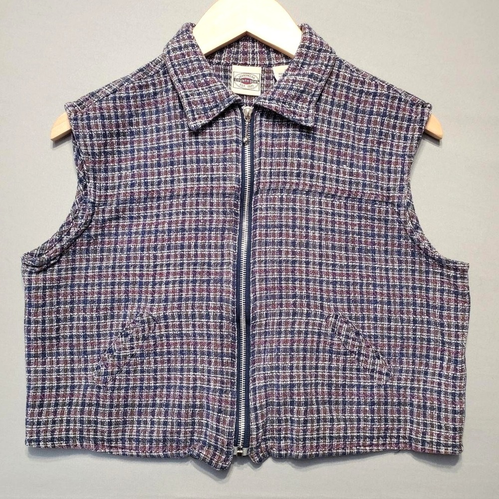 VTG County Seat Plaid Tweed Vest‎ Womens L Blue Zip Cotton Grunge Academia 90s